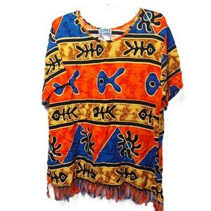 Short Sleeve Shirt 2XL Rayon Fringed Bright Colors Fishbones Coconut Island